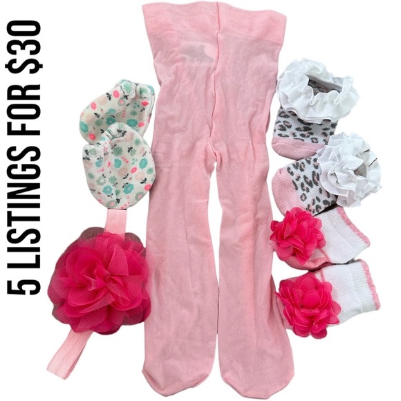 0-6 m baby girl accessory lot -pantyhose, socks bundle, hair piece, hand booties - Picture 5 of 13